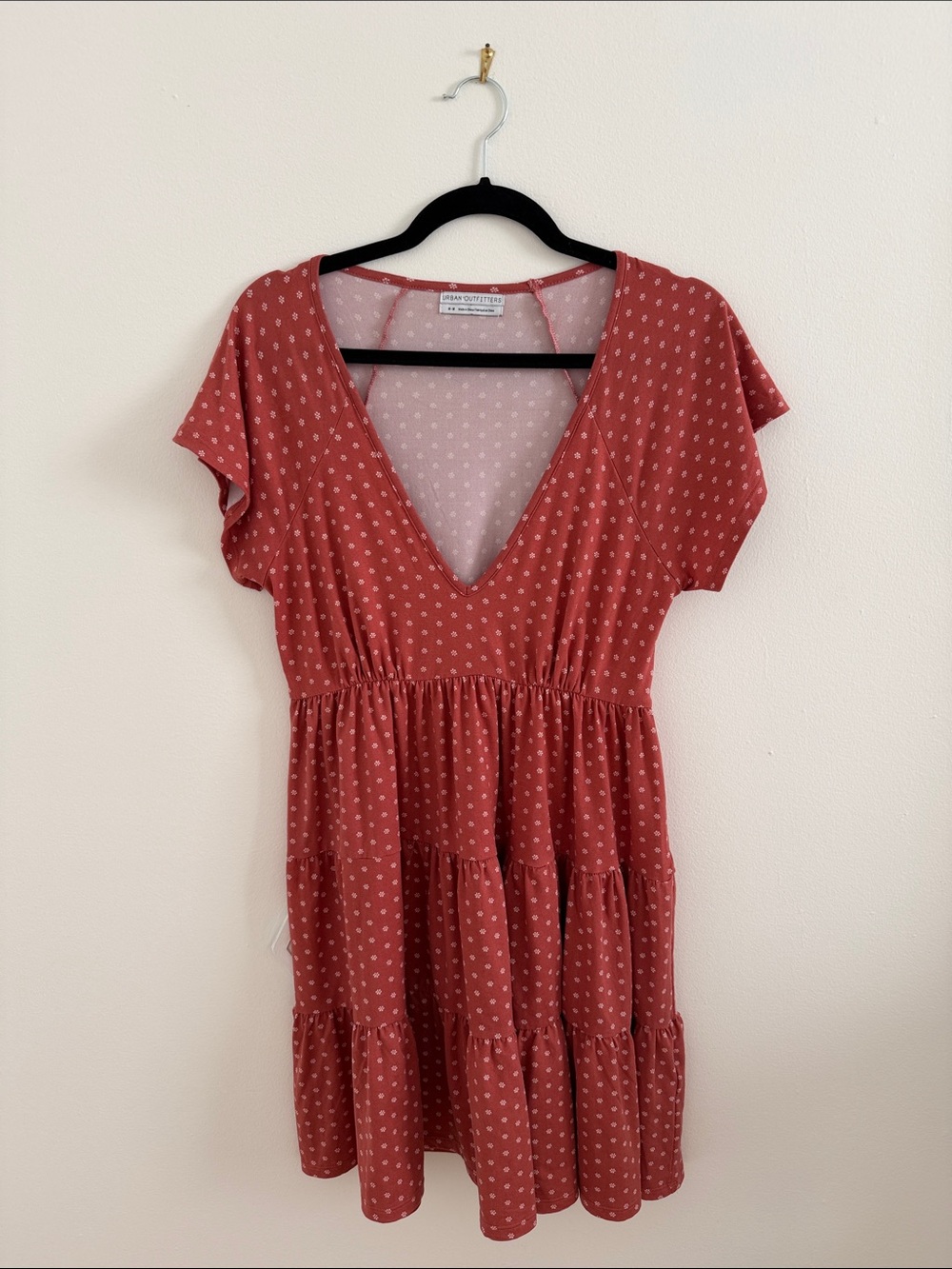 Urban Outfitters Rust Red Dot Tiered V-Neck Mini Dress - Short Sleeve